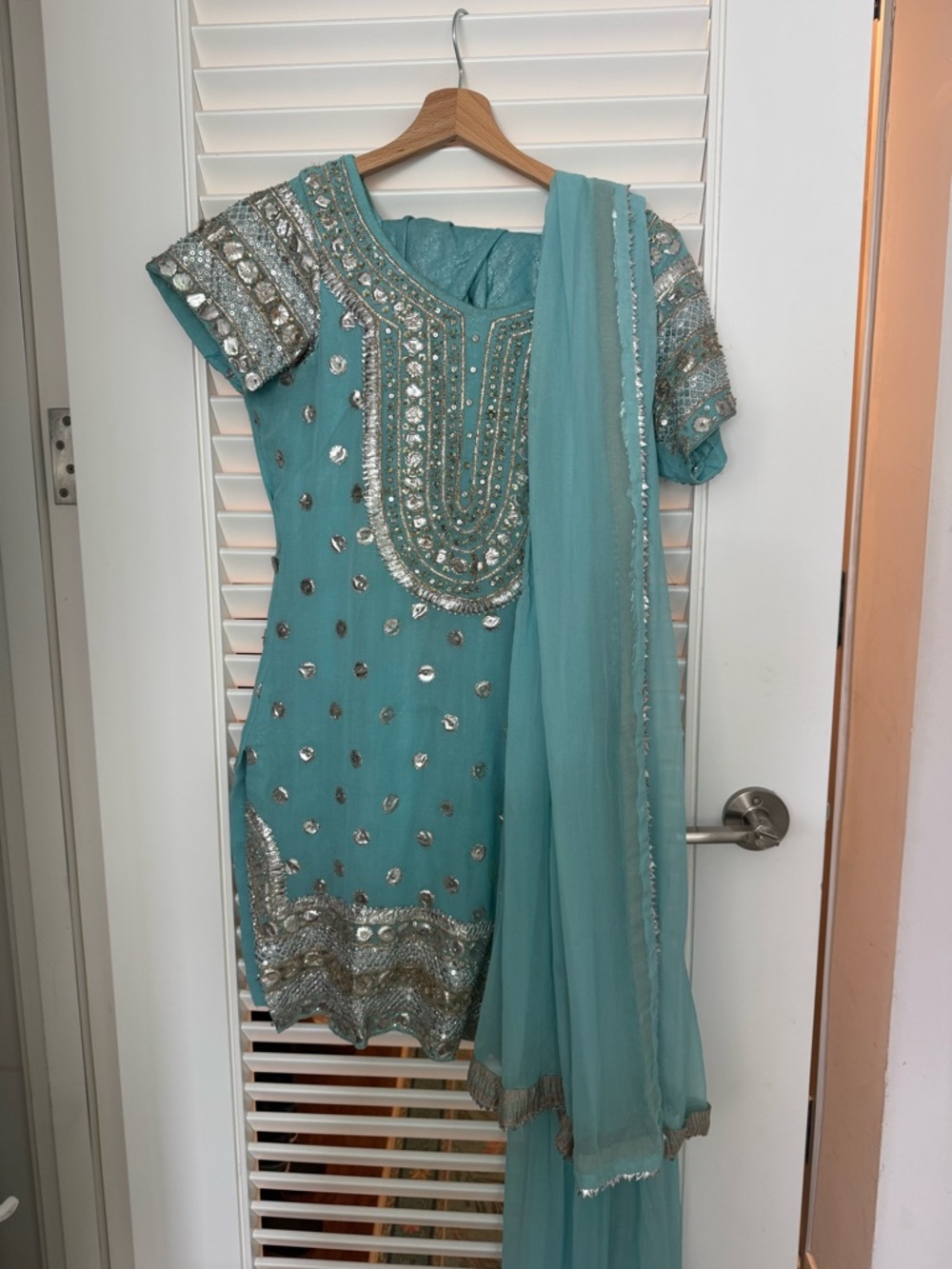 Embellished Teal Indian Salwar Kameez with Silver Mirror Work